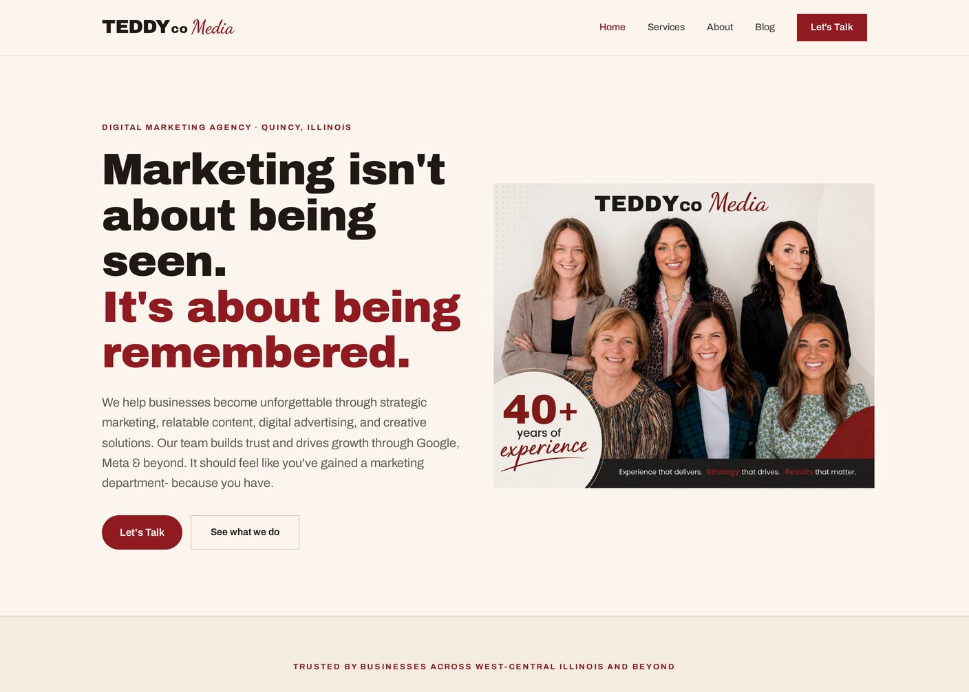 TEDDYco Media homepage, with the headline Marketing isn't about being seen, it's about being remembered beside a team photograph