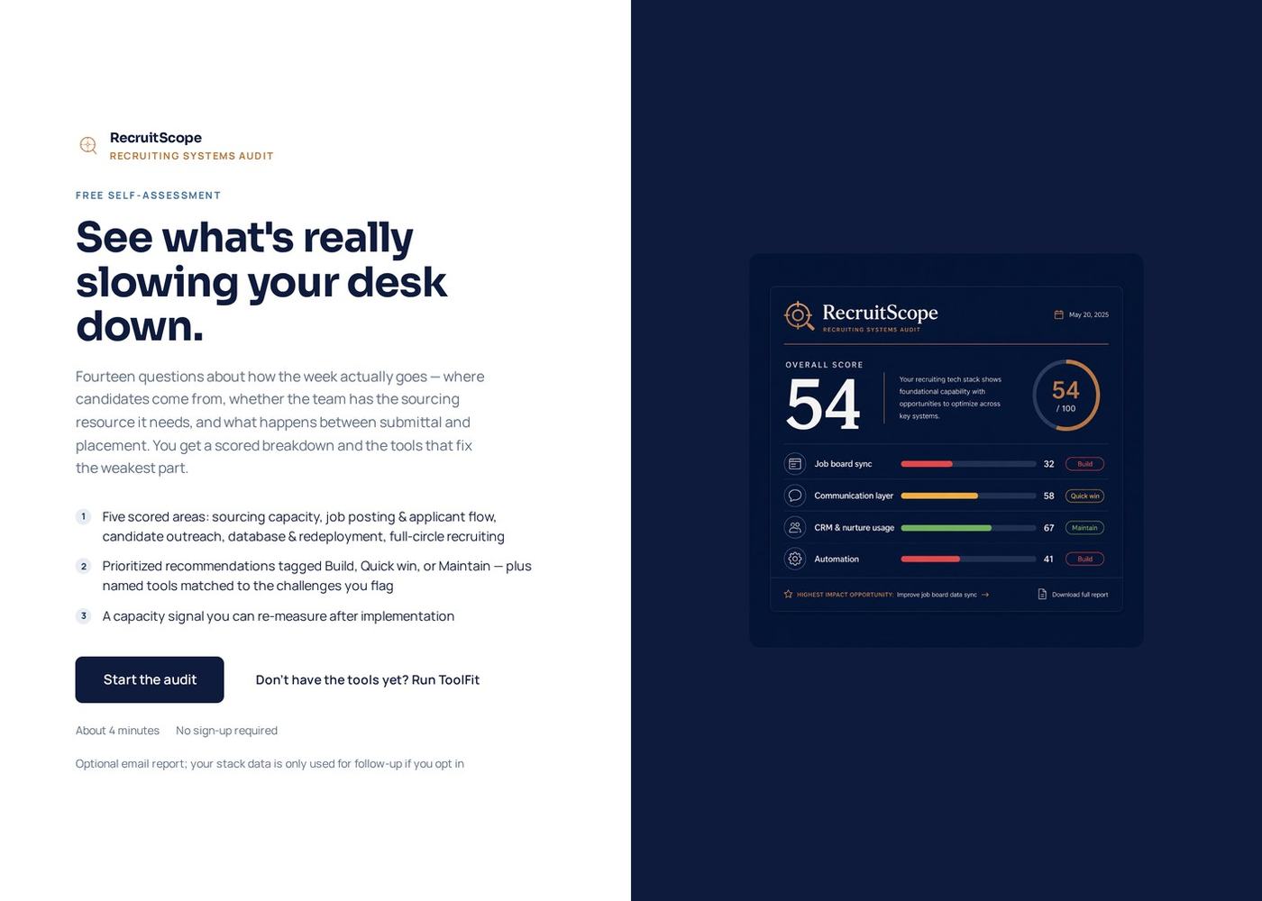 RecruitScope website homepage, SaaS diagnostic tool, built in-house